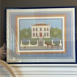 Framed Country House Print in Blue & Cream